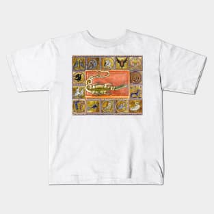 MEDIEVAL BESTIARY,CROCODILE EATING SEA SERPENT, MYTHICAL ANIMALS IN GOLD PINK BLUE COLORS Kids T-Shirt